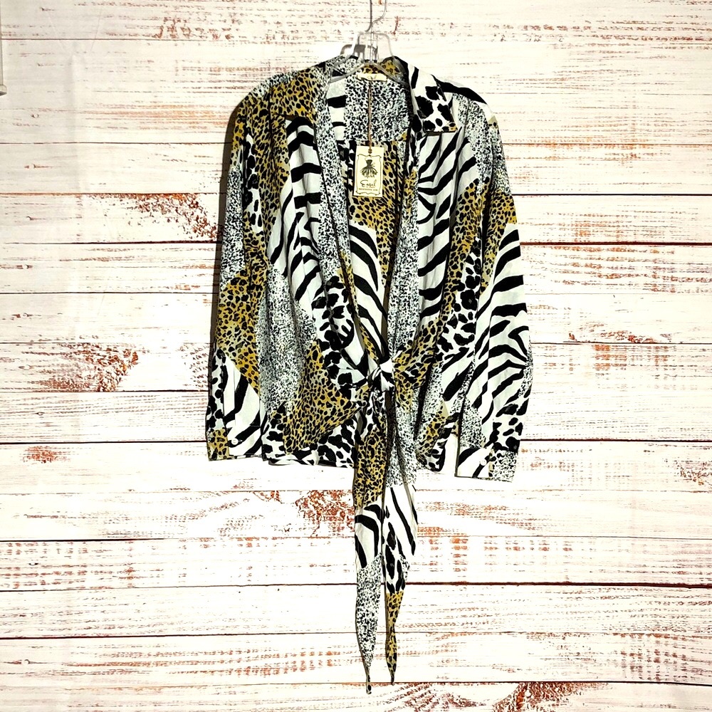 Easel Black and Gold Multi Animal Print Twist Tie Blouse LG NWT Poly Satin